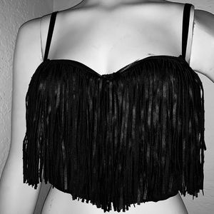 Frayed faux leather halter corset bra